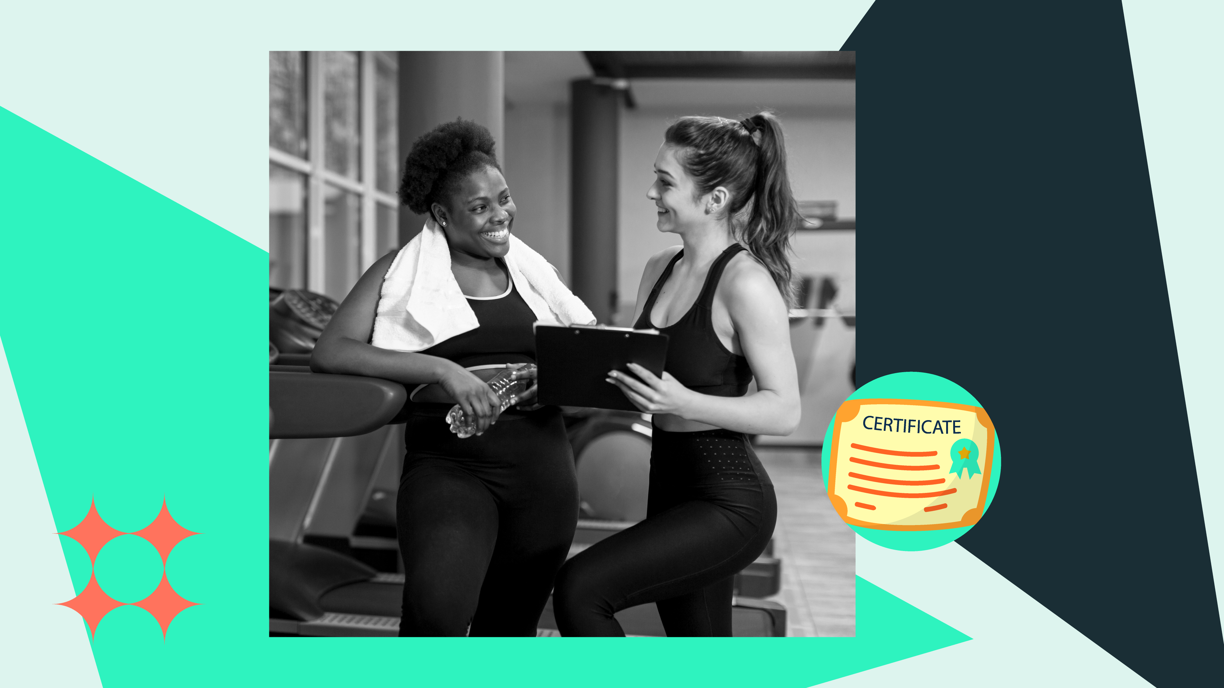 Trainee fitness coach working with an instructor for a certificate